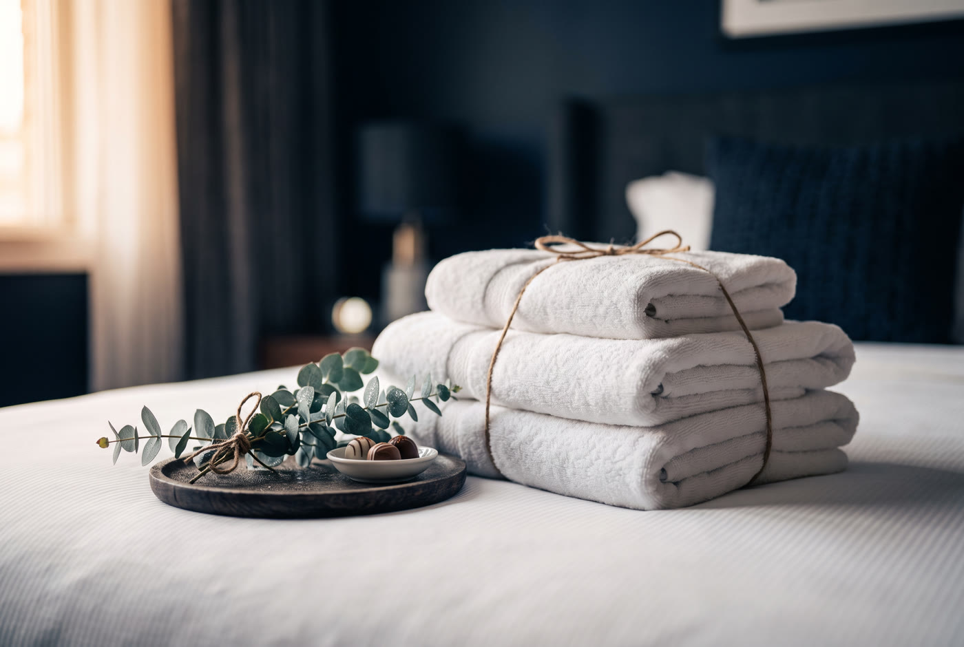Folded white towels staged on crisp bedding